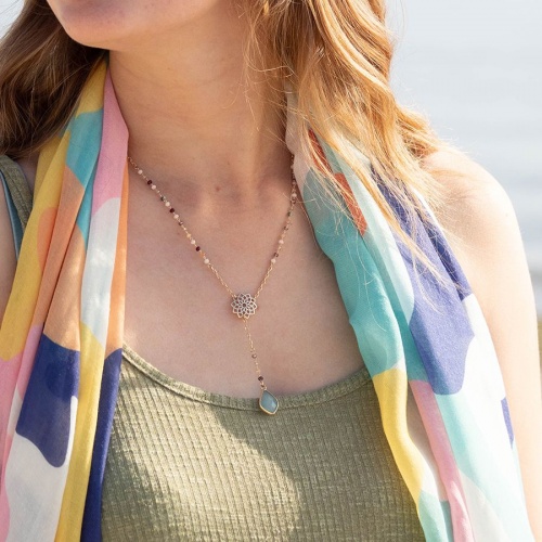 Golden Chain & Bead Necklace with Mandala & Aqua Crystal by Peace of Mind